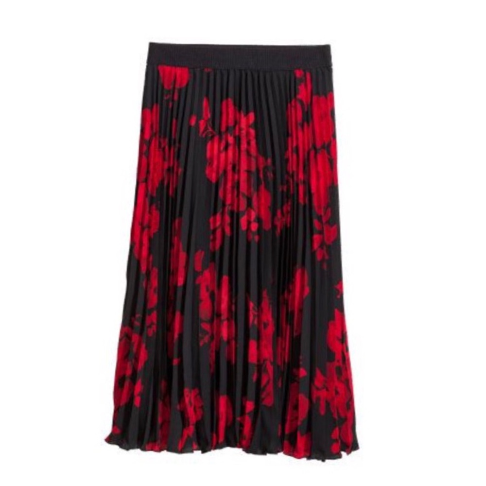 H&M Black & Red Pleated Midi Skirt size US 10